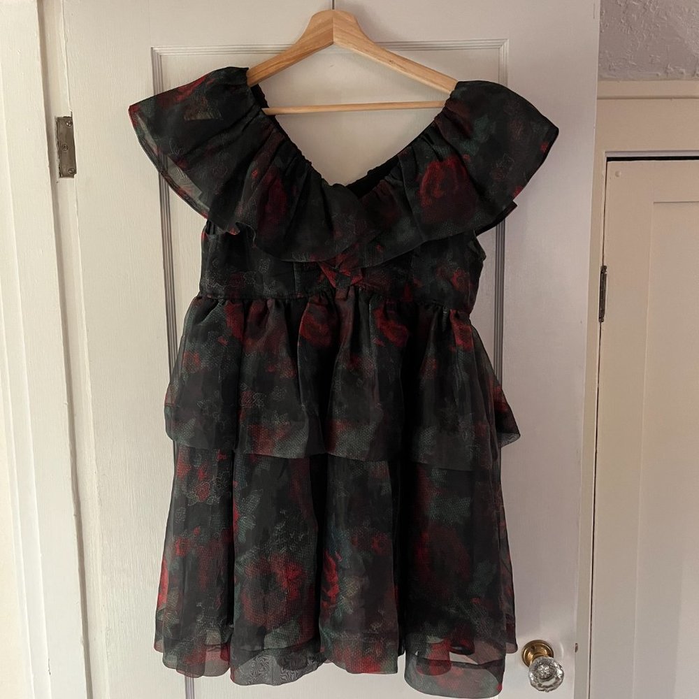 Tiered Rose-Print Organza Dress - Black Red | Size: M | US 6 | UK36 - Picture 11 of 11